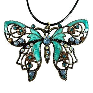 Butterfly Pendant Necklace Teal Enamel Rhinestone Accents & Adjustable Cord